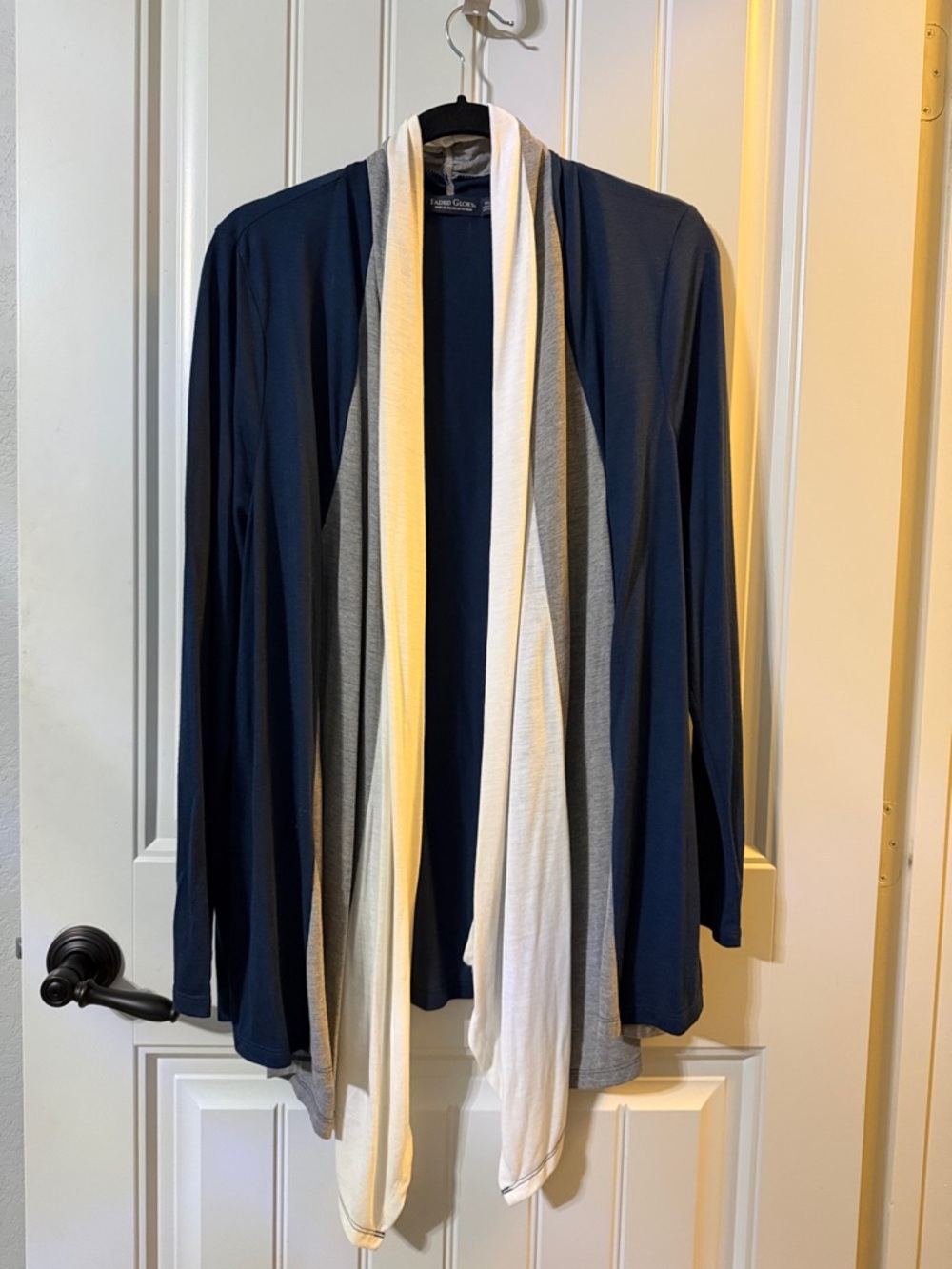 Navy Open Front Cardigan with Gray & White Draped Panels